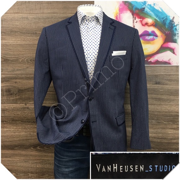 VAN HEUSEN Mens Blazer Sport Coat Casual Jacket Size‎ 46R Cotton Seersucker Suit